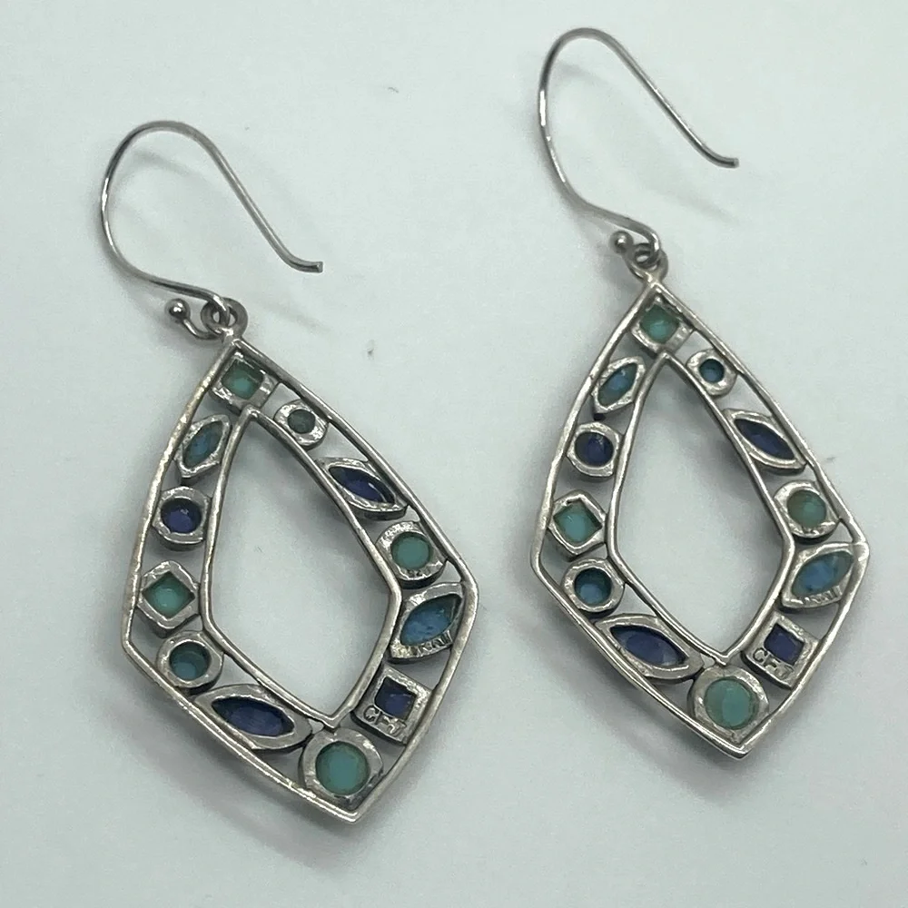 Vtg 925 Sterling Silver & Multi Colour Blue Turqouise Dangle Earrings | 2.2” - Picture 8 of 13